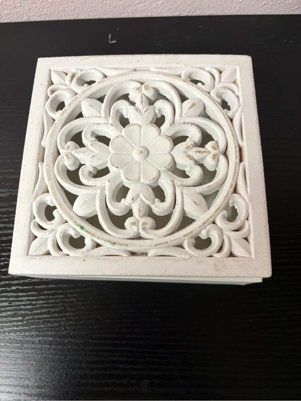 White Distressed Floral Scroll Wooden Keepsake Jewelry Trinket Box